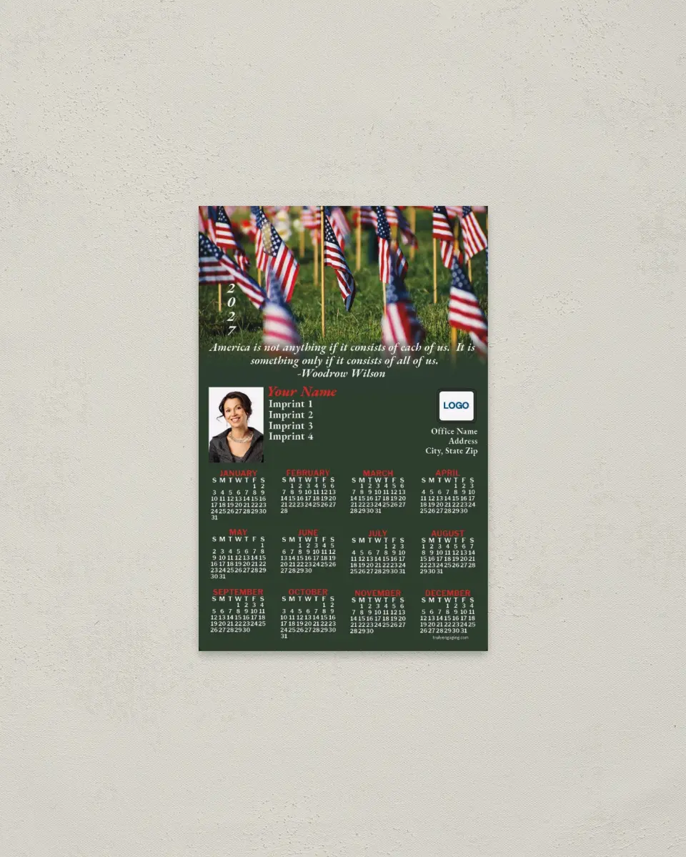 This is a 3.7" x 5.7" Full Magnet Calendar called Flags with Quotation, Green printed in full color with a Standard Gloss finish