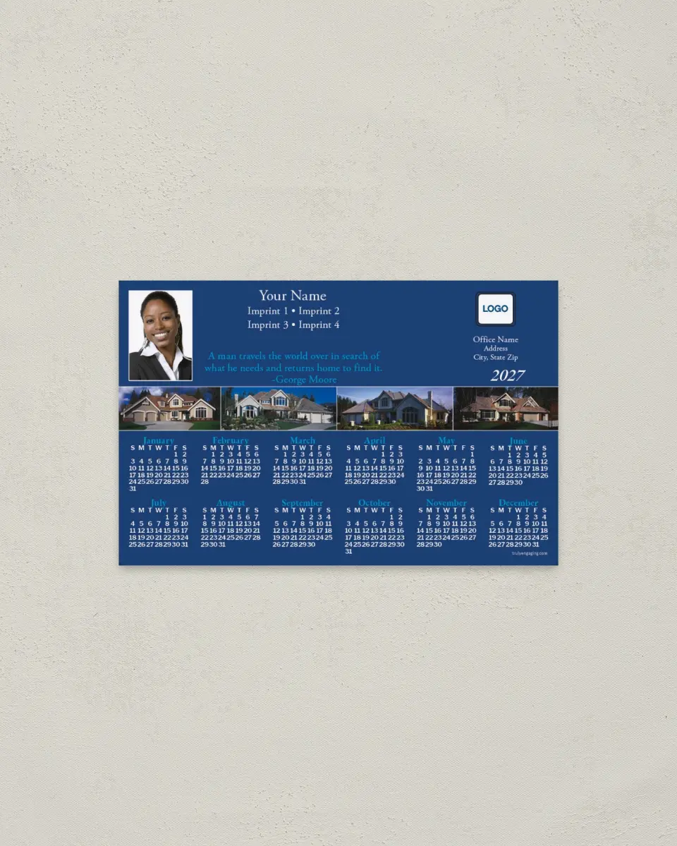 This is a 3.7" x 5.7" Full Magnet Calendar called Houses with Quotation, Blue printed in full color with a Standard Gloss finish