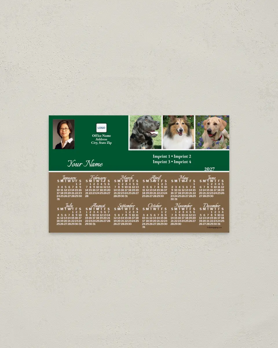 This is a 3.7" x 5.7" Full Magnet Calendar called Dogs, Green & Brown printed in full color with a Standard Gloss finish