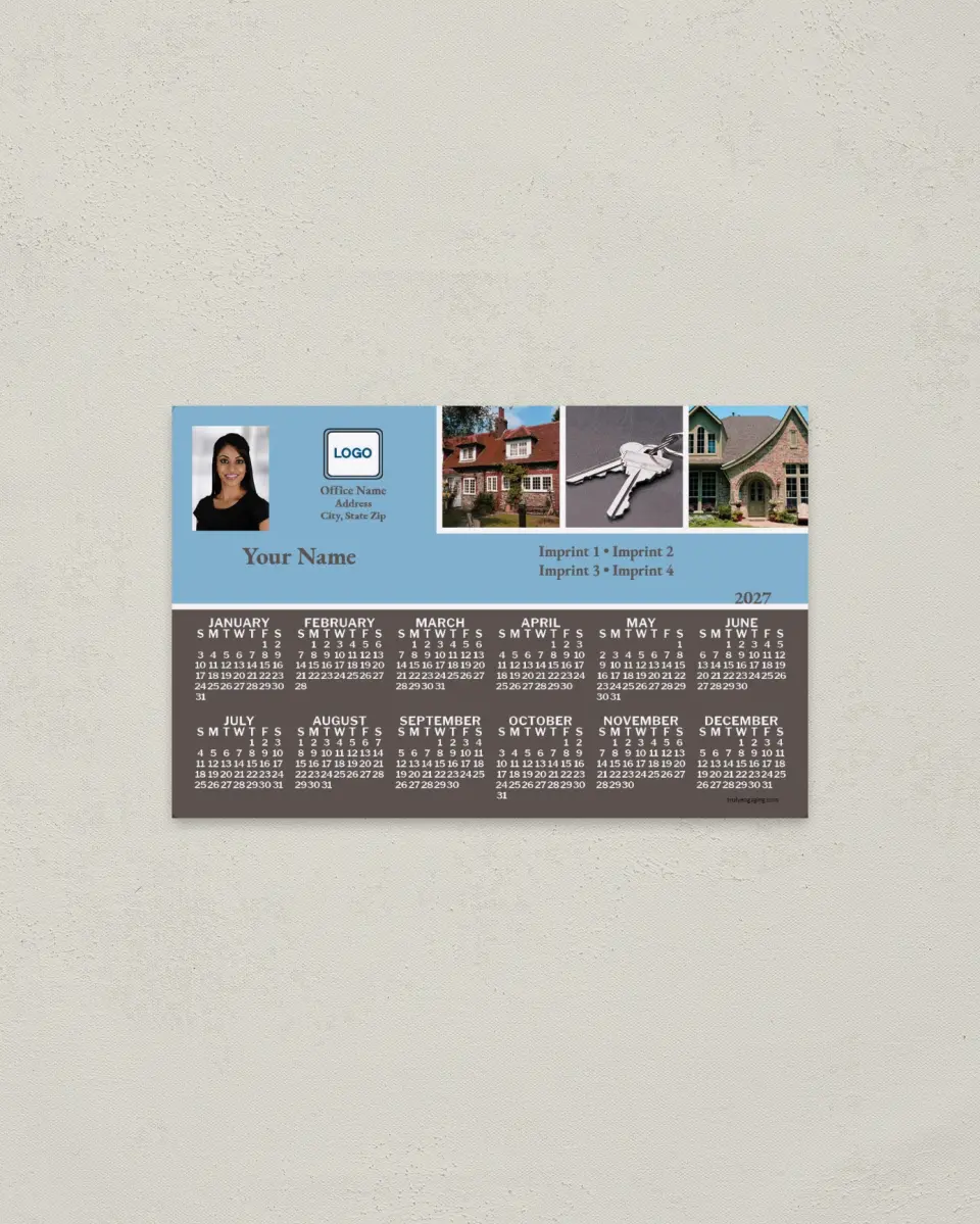 This is a 3.7" x 5.7" Full Magnet Calendar called Homes and Keys, Light Blue & Brown printed in full color with a Standard Gloss finish