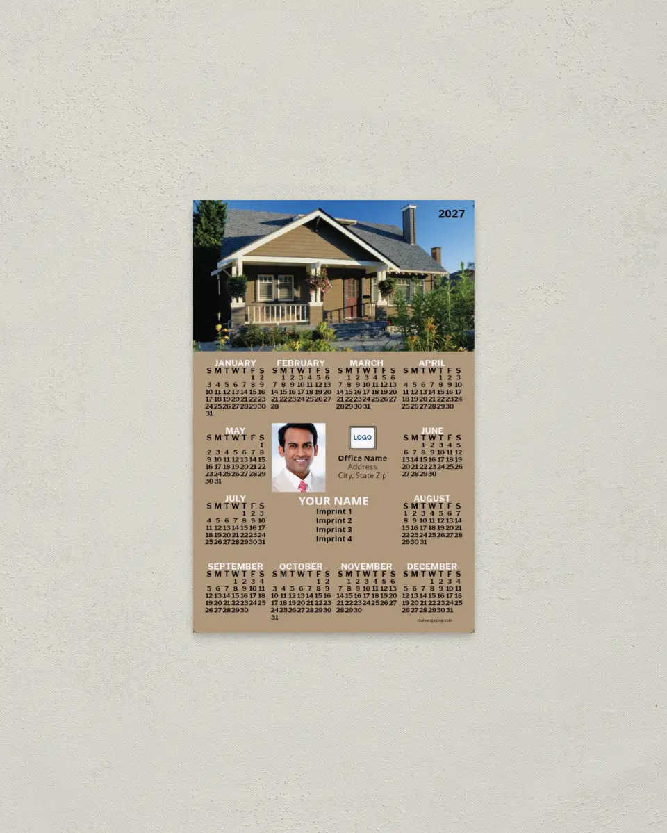 This is a 3.7" x 5.7" Full Magnet Calendar called House with Porch, Tan printed in full color with a Standard Gloss finish