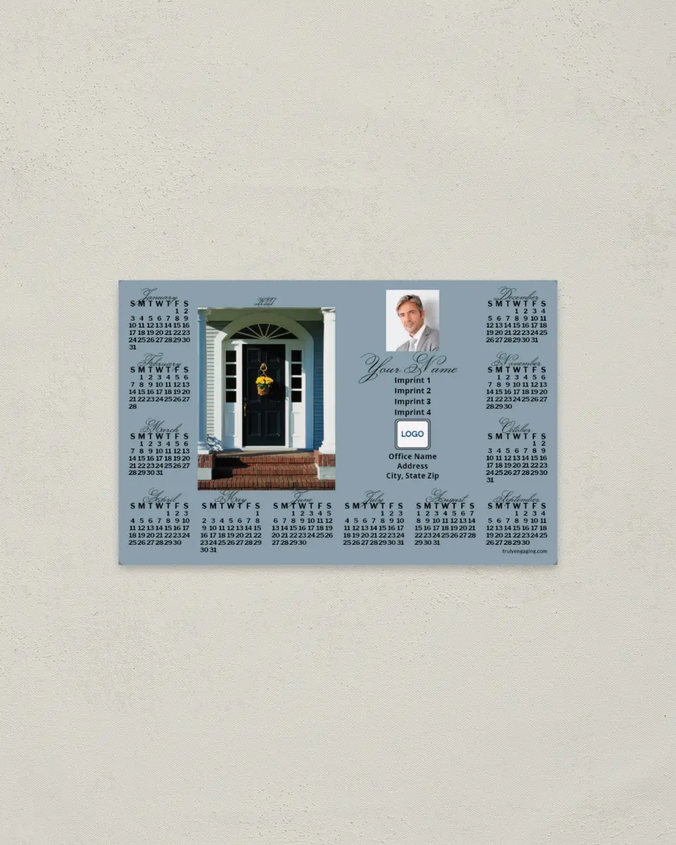 This is a 3.7" x 5.7" Full Magnet Calendar called Front Door with Flowers, Gray-Blue printed in full color with a Standard Gloss finish