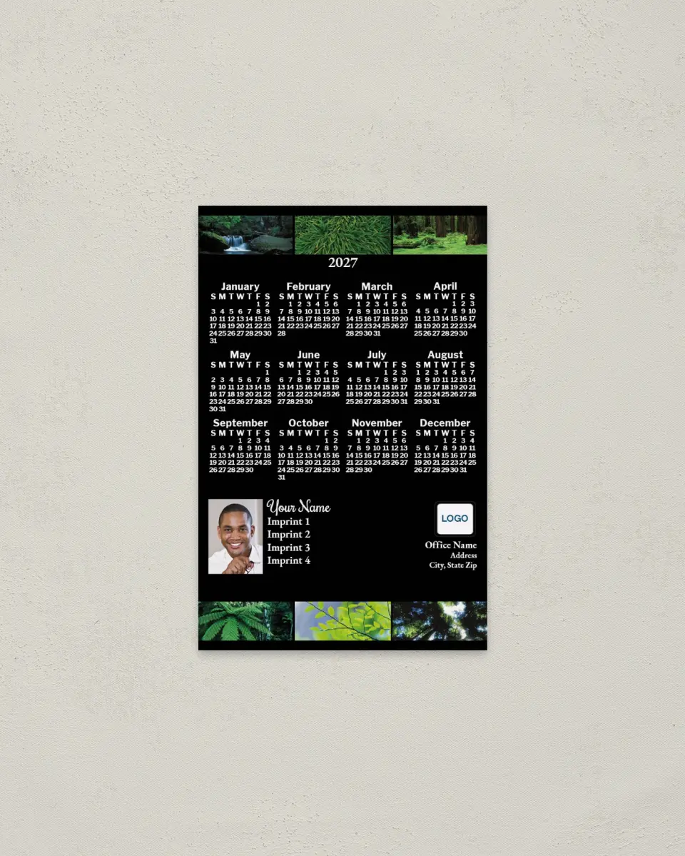 This is a 3.7" x 5.7" Full Magnet Calendar called Green Trees & Branches, Black printed in full color with a Standard Gloss finish