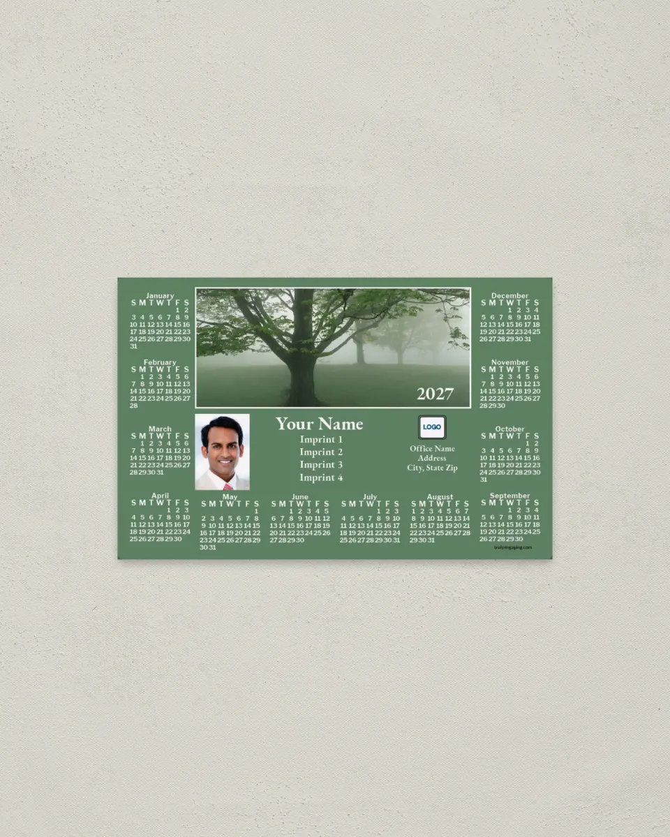 This is a 3.7" x 5.7" Full Magnet Calendar called Trees in Mist, Green printed in full color with a Standard Gloss finish