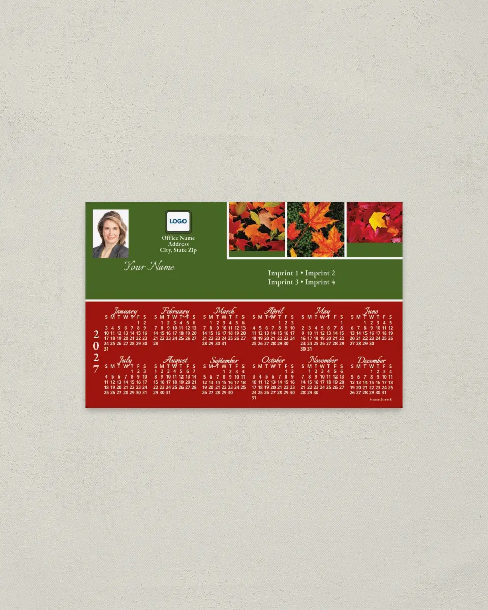 This is a 3.7" x 5.7" Full Magnet Calendar called Maple Leaves in Autumn, Green & Red printed in full color with a Standard Gloss finish
