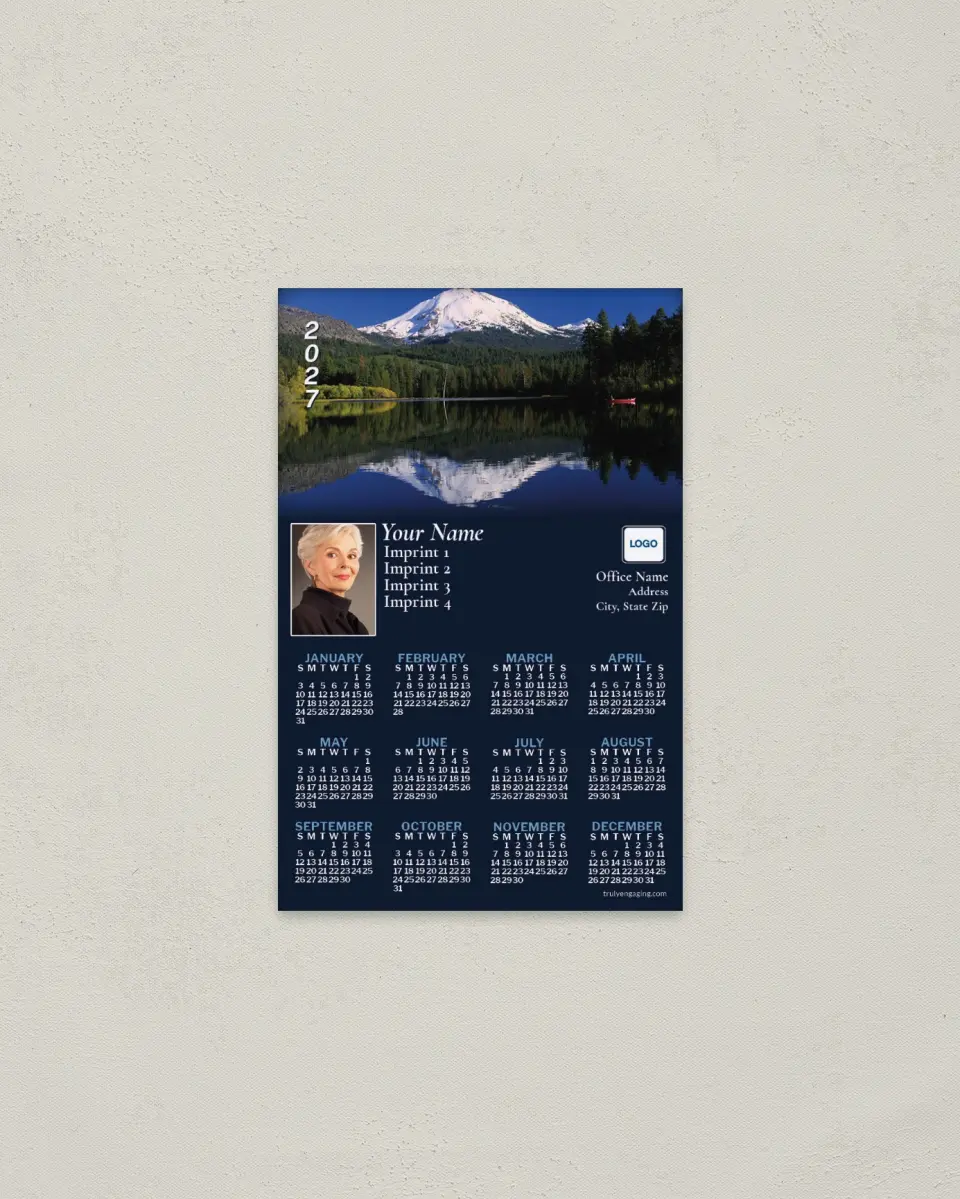 This is a 3.7" x 5.7" Full Magnet Calendar called Mountain Reflecting in Lake, Navy Blue printed in full color with a Standard Gloss finish