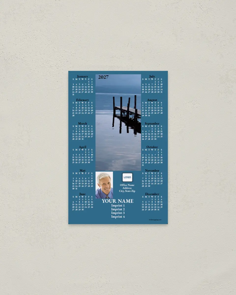 This is a 3.7" x 5.7" Full Magnet Calendar called Dock in Water, Blue printed in full color with a Standard Gloss finish