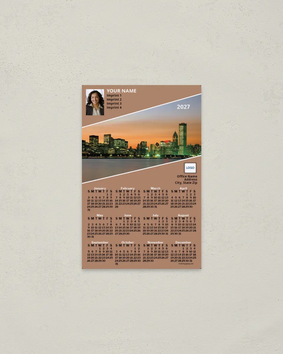 This is a 3.7" x 5.7" Full Magnet Calendar called Chicago Skyline, Tan printed in full color with a Standard Gloss finish