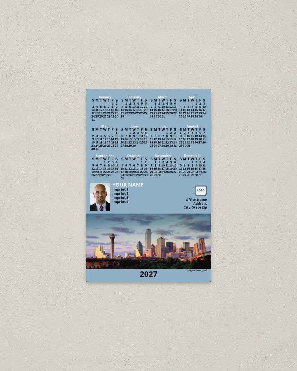 This is a 3.7" x 5.7" Full Magnet Calendar called Dallas, Light Blue printed in full color with a Standard Gloss finish