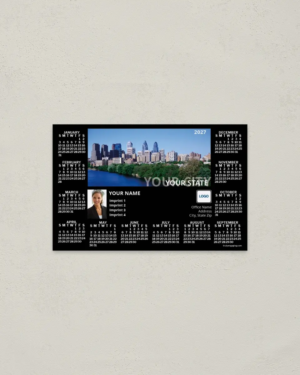 This is a 3.7" x 5.7" Full Magnet Calendar called Modern Skyline, Black with City Name printed in full color with a Standard Gloss finish