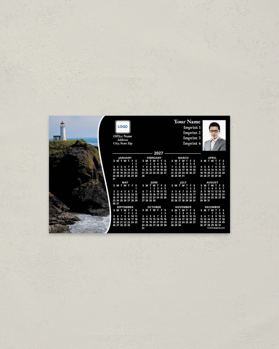 This is a 3.7" x 5.7" Full Magnet Calendar called Lighthouse on Coast, Black printed in full color with a Standard Gloss finish