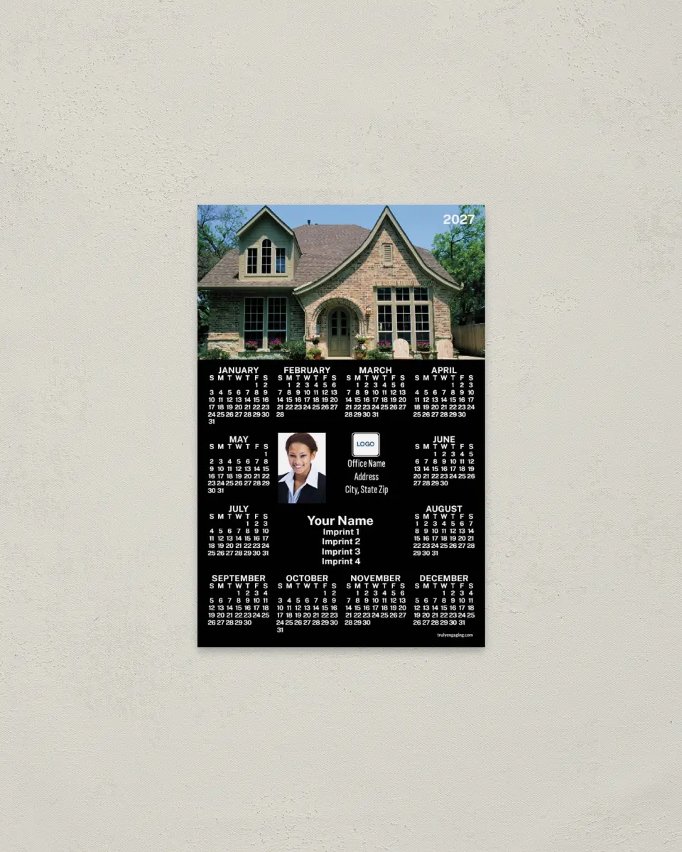 This is a 3.7" x 5.7" Full Magnet Calendar called House with Sloped Roof, Black printed in full color with a Standard Gloss finish