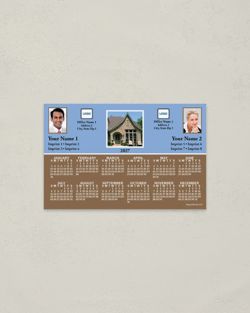 This is a 3.7" x 5.7" Full Magnet Calendar called House, Light Blue & Brown, 2-Person printed in full color with a Standard Gloss finish