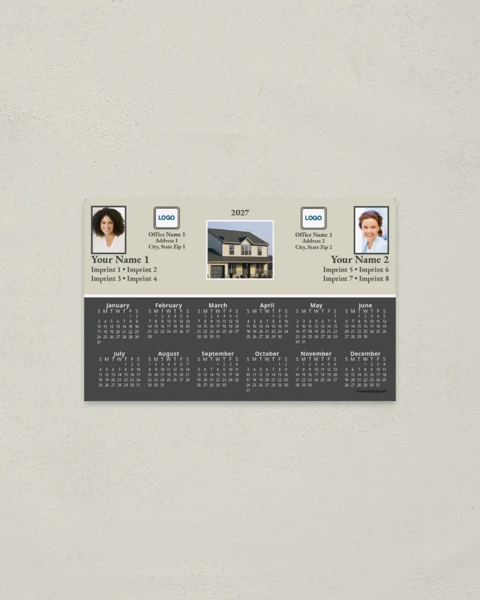 This is a 3.7" x 5.7" Full Magnet Calendar called House, Cream & Gray, 2-Person printed in full color with a Standard Gloss finish