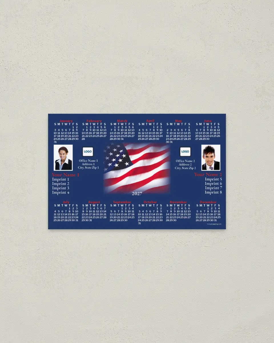This is a 3.7" x 5.7" Full Magnet Calendar called Flag, Blue, 2-Person printed in full color with a Standard Gloss finish