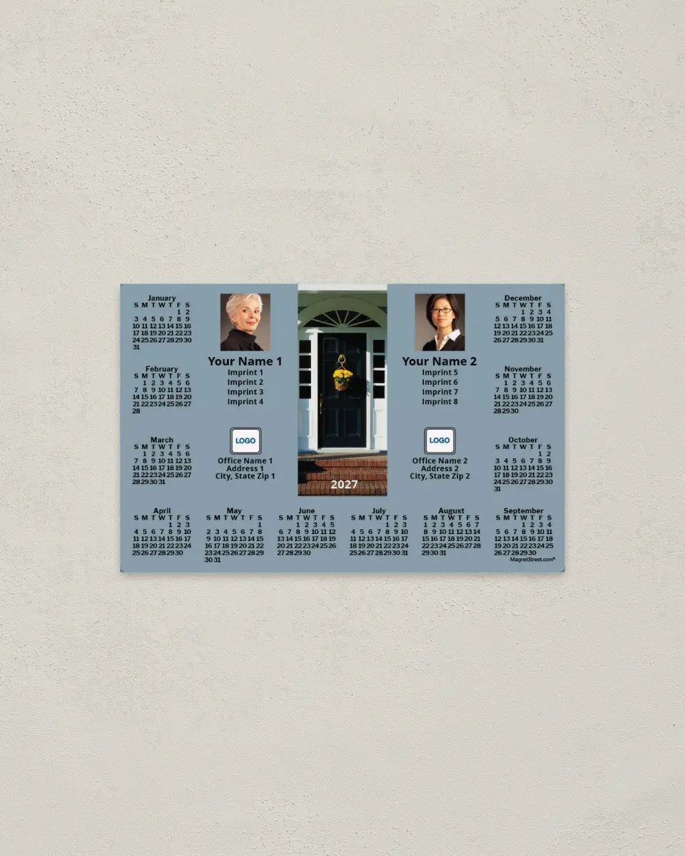 This is a 3.7" x 5.7" Full Magnet Calendar called Front Door, Gray-Blue, 2-Person printed in full color with a Standard Gloss finish