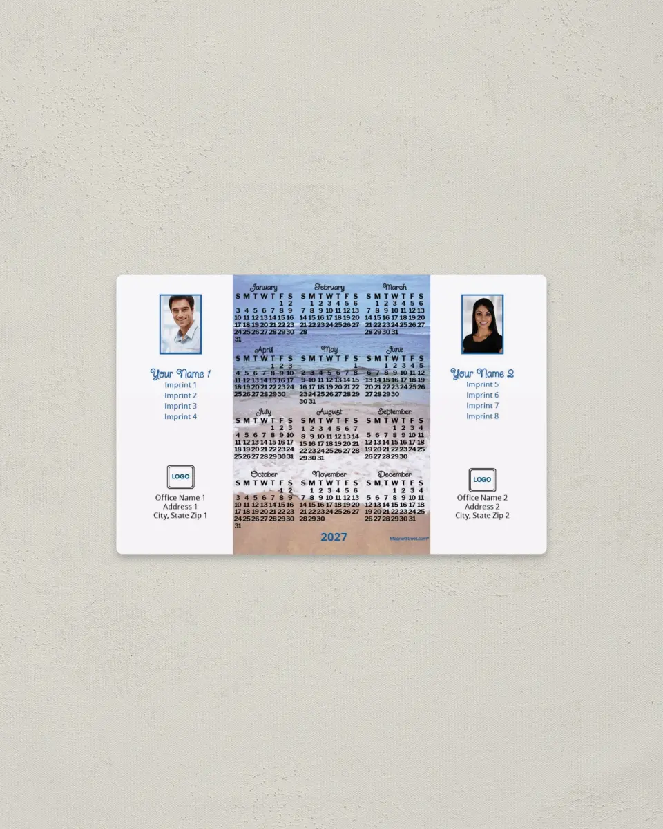 This is a 3.7" x 5.7" Full Magnet Calendar called Beach, White, 2-Person printed in full color with a Standard Gloss finish