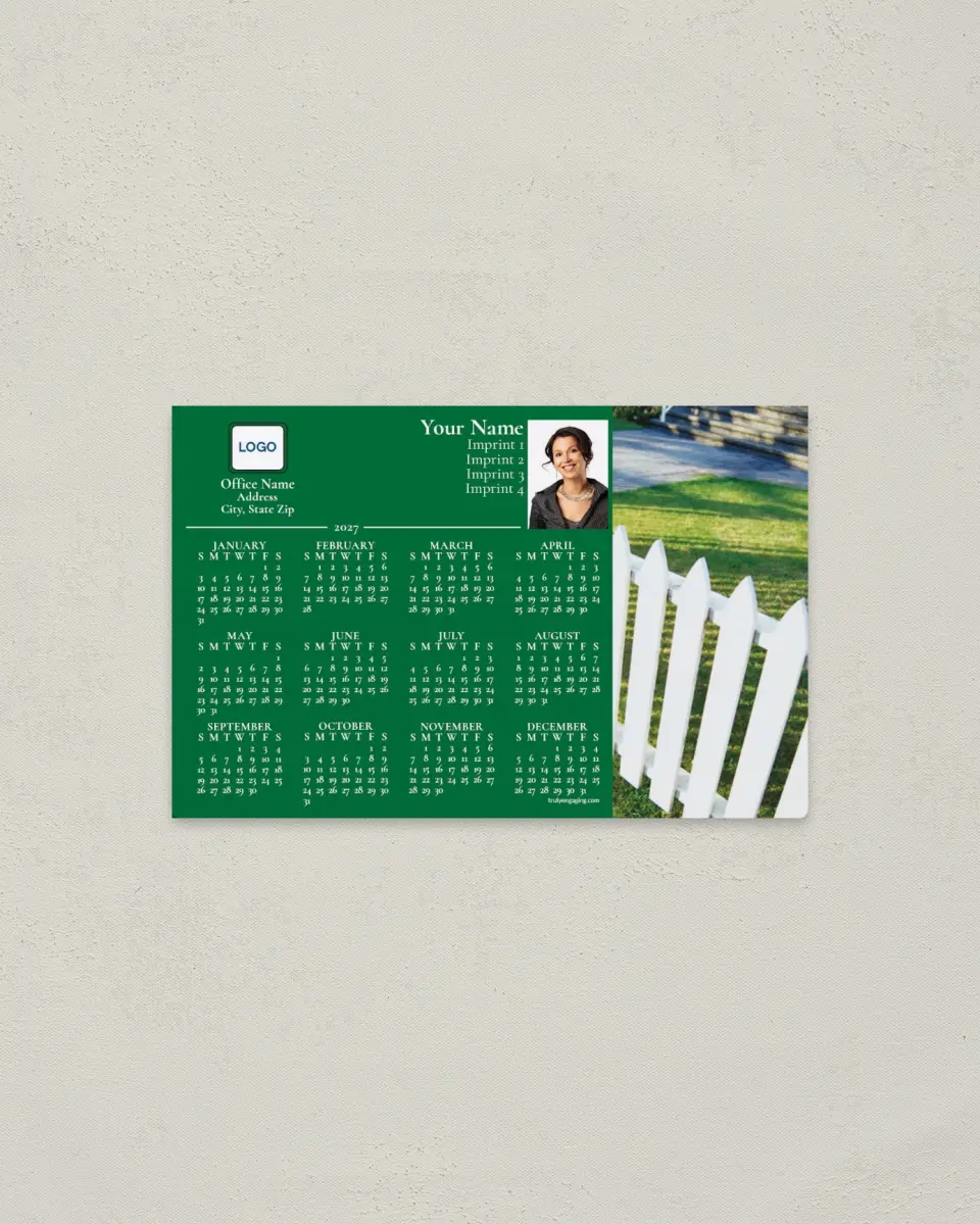 This is a 3.7" x 5.7" Full Magnet Calendar called White Picket Fence, Green printed in full color with a Standard Gloss finish