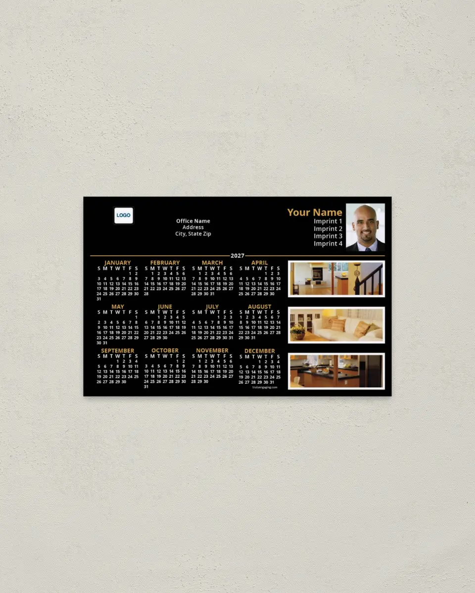 This is a 3.7" x 5.7" Full Magnet Calendar called Rooms, Black printed in full color with a Standard Gloss finish