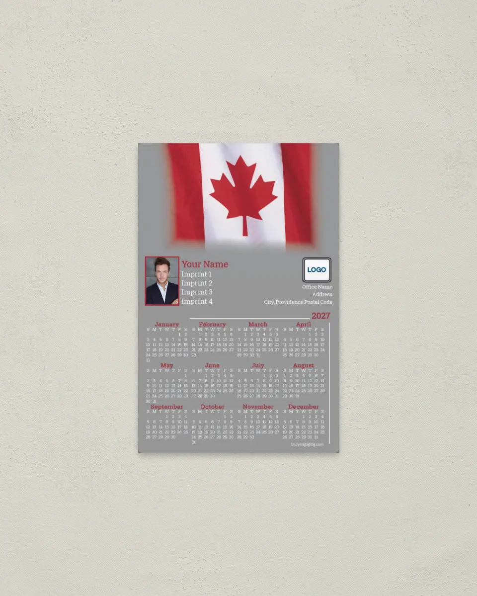 This is a 3.7" x 5.7" Full Magnet Calendar called Canadian Flag Fading to Gray printed in full color with a Standard Gloss finish