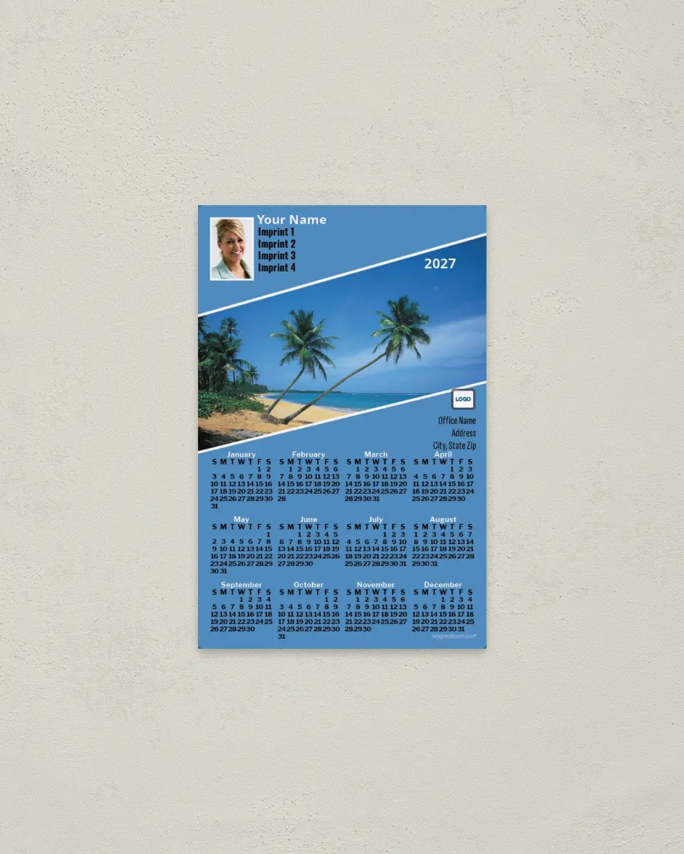 This is a 3.7" x 5.7" Full Magnet Calendar called Beach on Diagonal, Aqua Blue printed in full color with a Standard Gloss finish