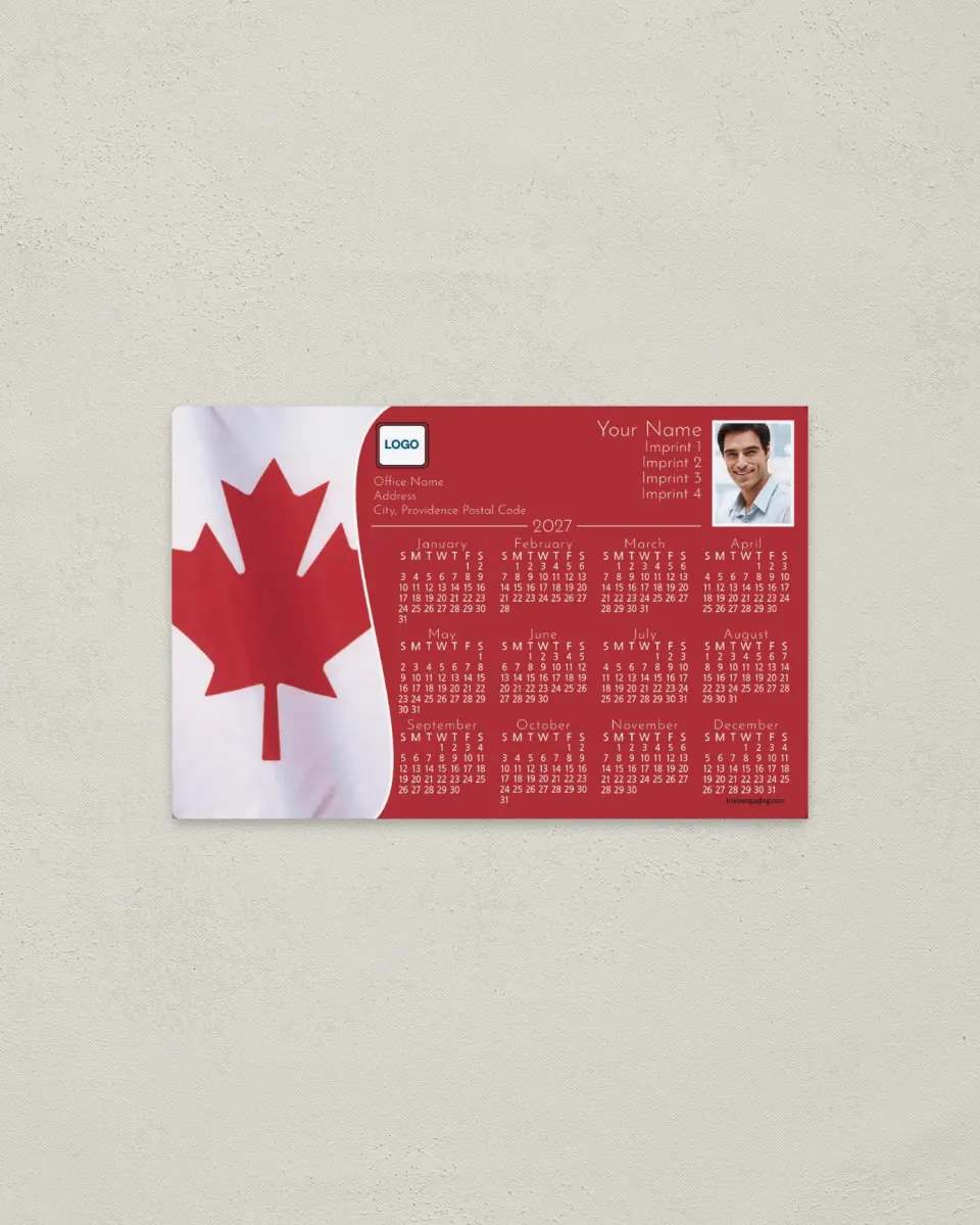 This is a 3.7" x 5.7" Full Magnet Calendar called Canadian Flag, Red printed in full color with a Standard Gloss finish
