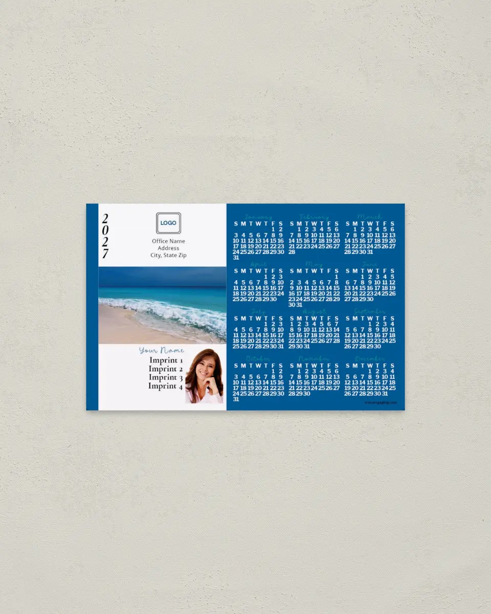 This is a 3.7" x 5.7" Full Magnet Calendar called Beach, Blue & White printed in full color with a Standard Gloss finish