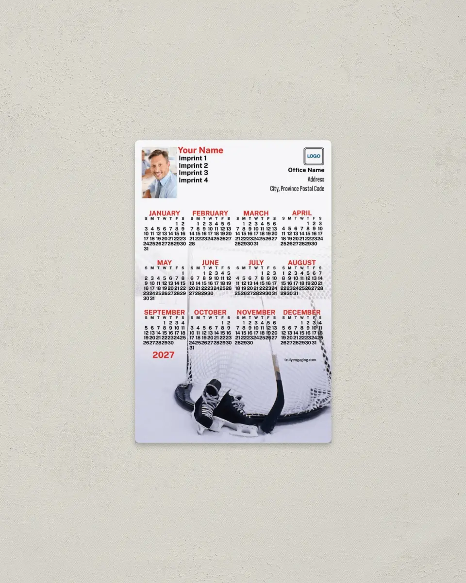 This is a 3.7" x 5.7" Full Magnet Calendar called Hockey Skates & Net printed in full color with a Standard Gloss finish