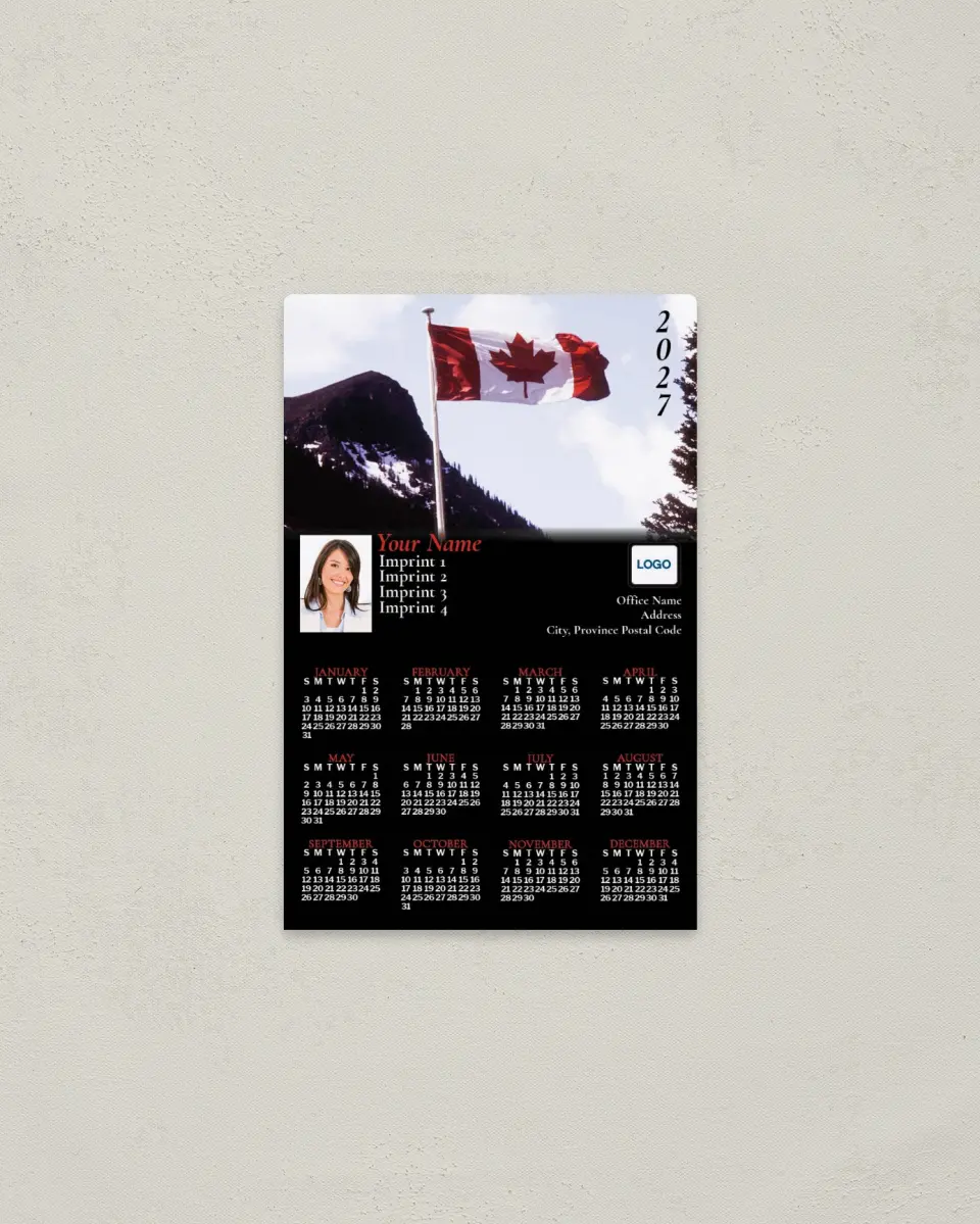 This is a 3.7" x 5.7" Full Magnet Calendar called Canadian Flag printed in full color with a Standard Gloss finish