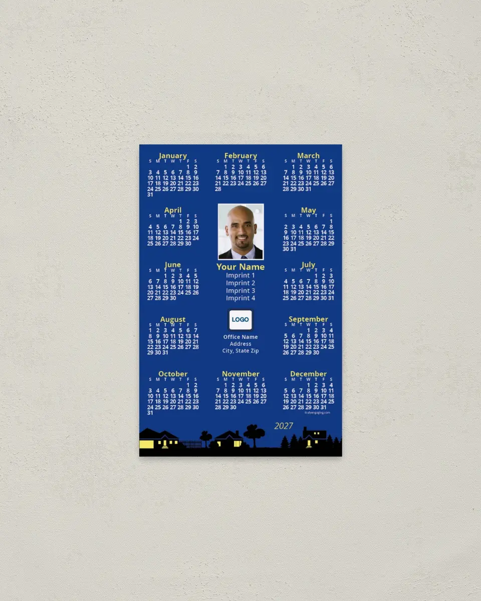 This is a 3.7" x 5.7" Full Magnet Calendar called Suburban Homes, Blue Background printed in full color with a Standard Gloss finish