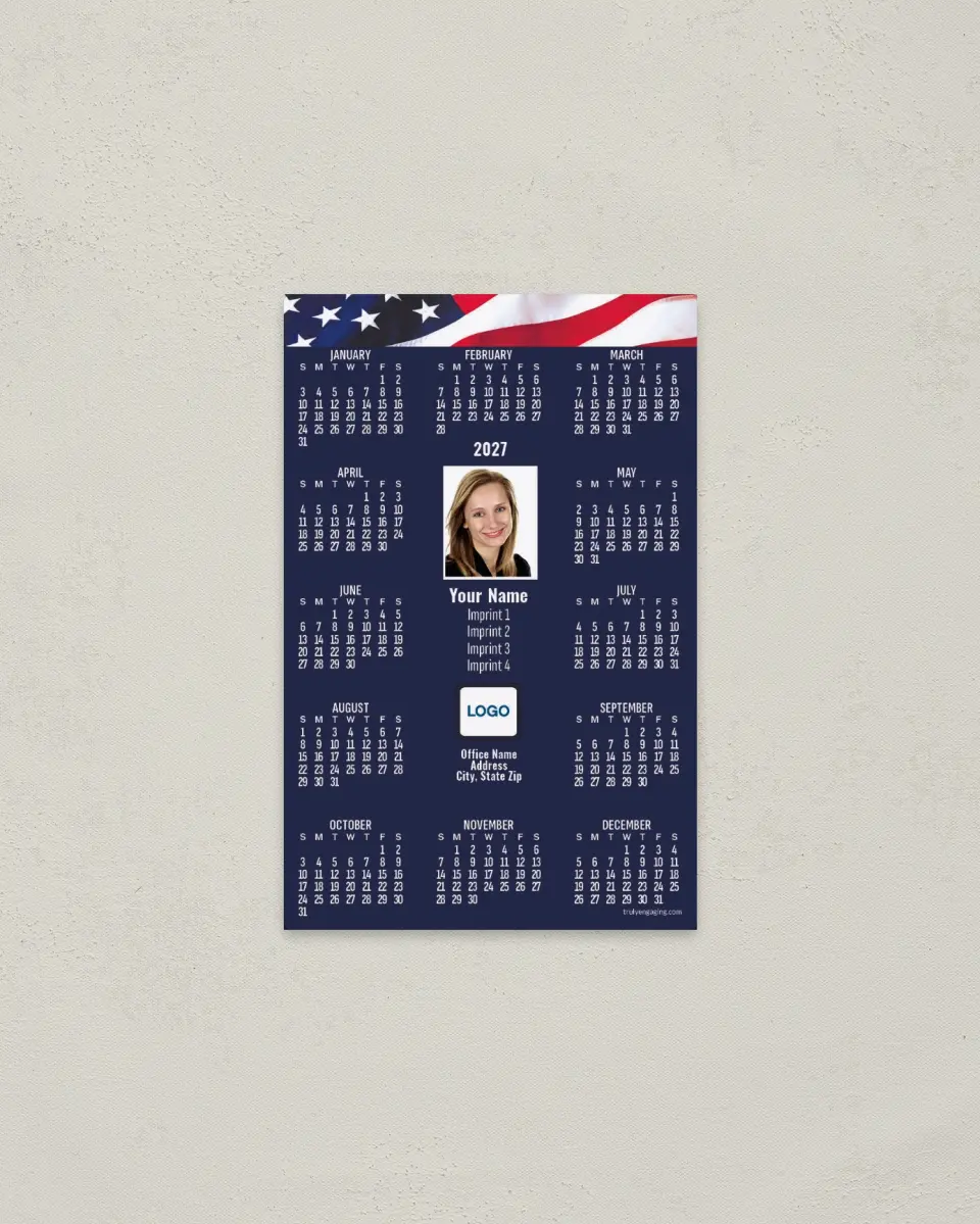 This is a 3.7" x 5.7" Full Magnet Calendar called Blue Background with Flag printed in full color with a Standard Gloss finish