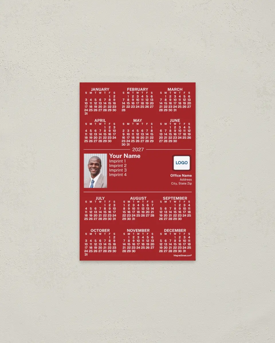 This is a 3.7" x 5.7" Full Magnet Calendar called Red Background printed in full color with a Standard Gloss finish