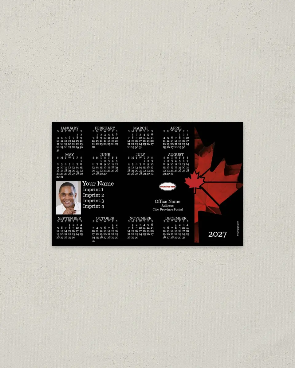 This is a 3.7" x 5.7" Full Magnet Calendar called Maple Leaf Mosaic on Black Background printed in full color with a Standard Gloss finish
