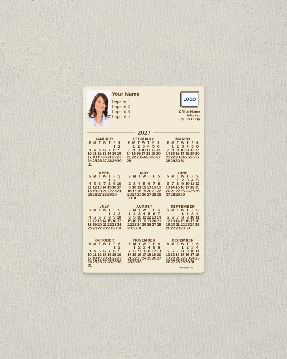 This is a 3.7" x 5.7" Full Magnet Calendar called Cream Background printed in full color with a Standard Gloss finish