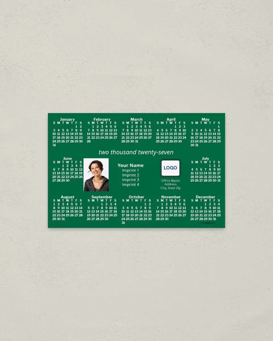 This is a 3.7" x 5.7" Full Magnet Calendar called Green Background printed in full color with a Standard Gloss finish
