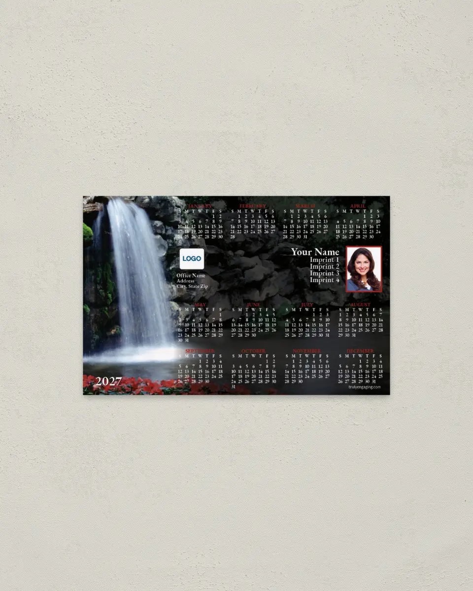 This is a 3.7" x 5.7" Full Magnet Calendar called Waterfall with Red Flowers printed in full color with a Standard Gloss finish