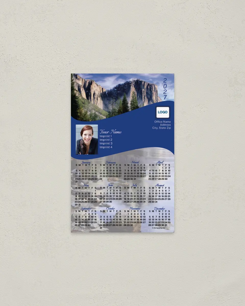 This is a 3.7" x 5.7" Full Magnet Calendar called Mountain Cliffs printed in full color with a Standard Gloss finish