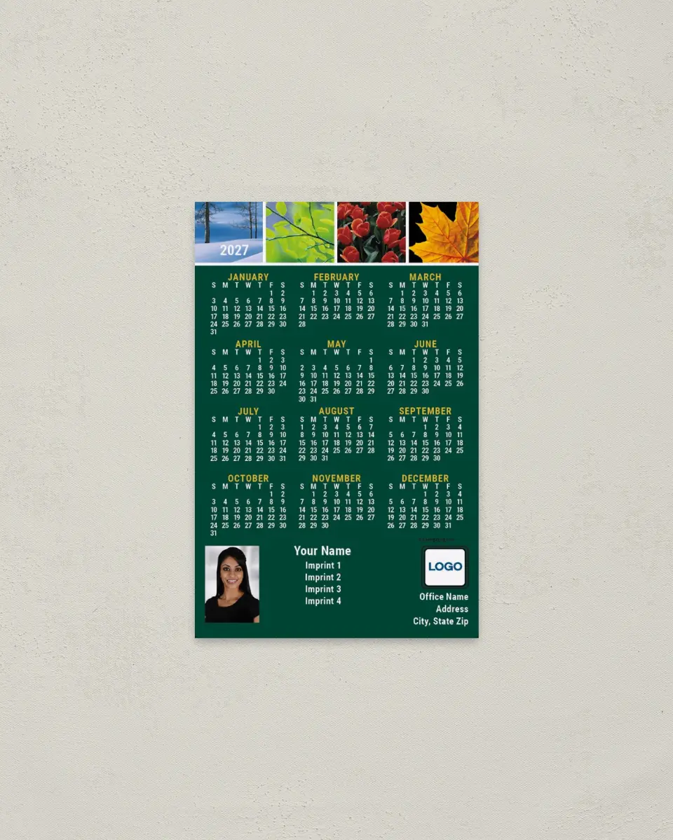 This is a 3.7" x 5.7" Full Magnet Calendar called Four Seasons printed in full color with a Standard Gloss finish