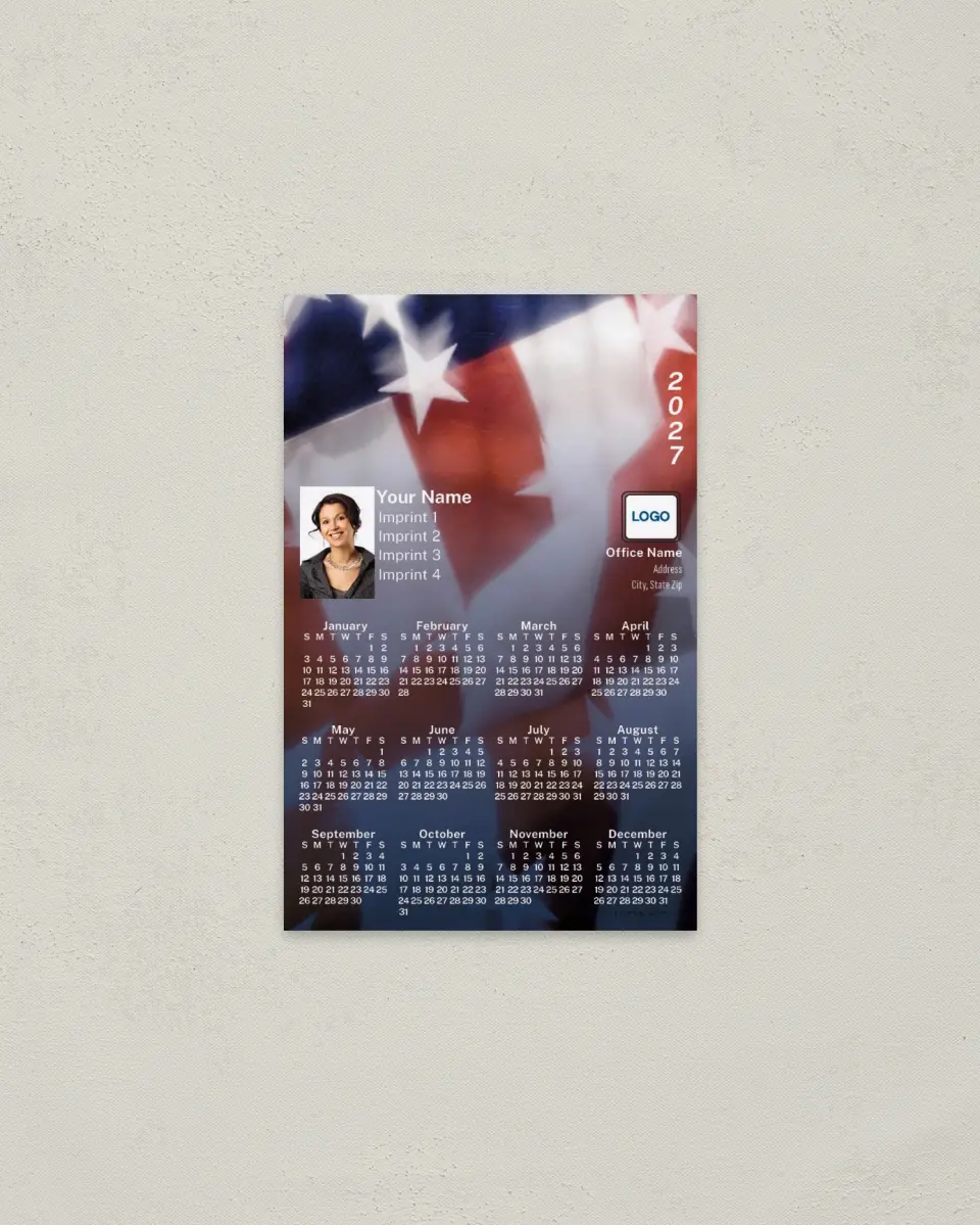 This is a 3.7" x 5.7" Full Magnet Calendar called American Flag printed in full color with a Standard Gloss finish