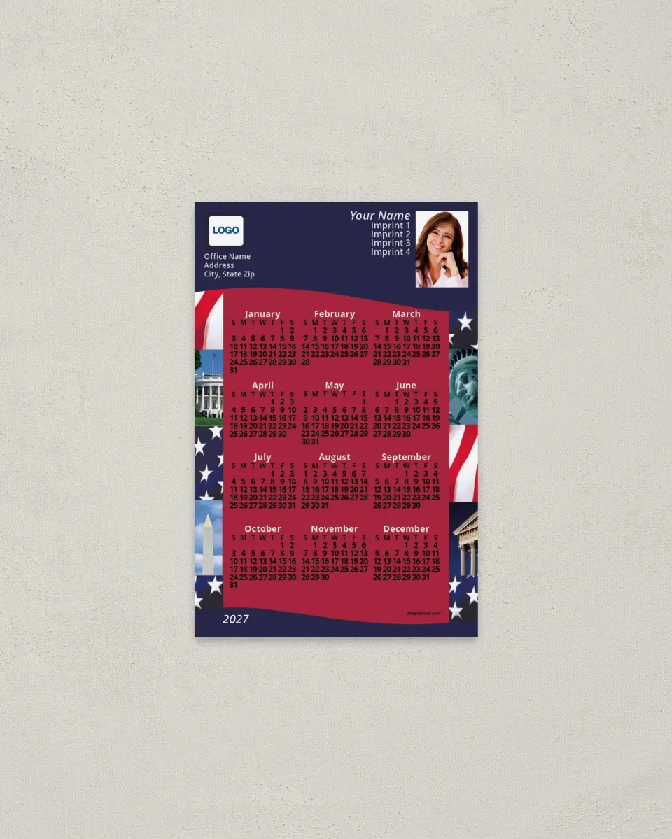 This is a 3.7" x 5.7" Full Magnet Calendar called Patriotic Photo Mosaic printed in full color with a Standard Gloss finish