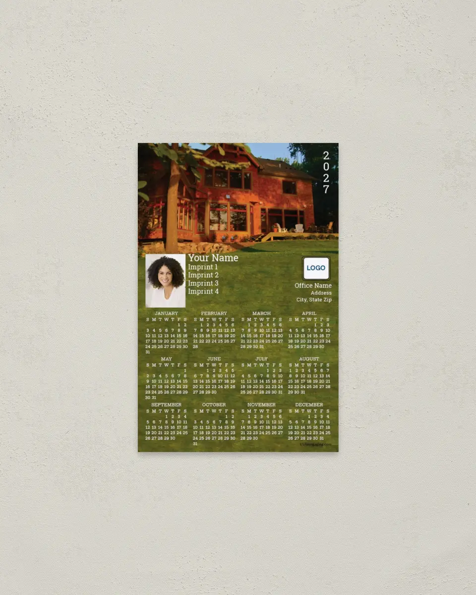 This is a 3.7" x 5.7" Full Magnet Calendar called Home in the Sunset, Green Background printed in full color with a Standard Gloss finish