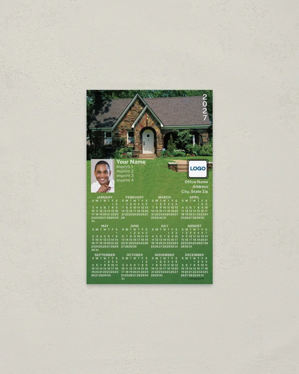This is a 3.7" x 5.7" Full Magnet Calendar called Brick Home, Green Background printed in full color with a Standard Gloss finish