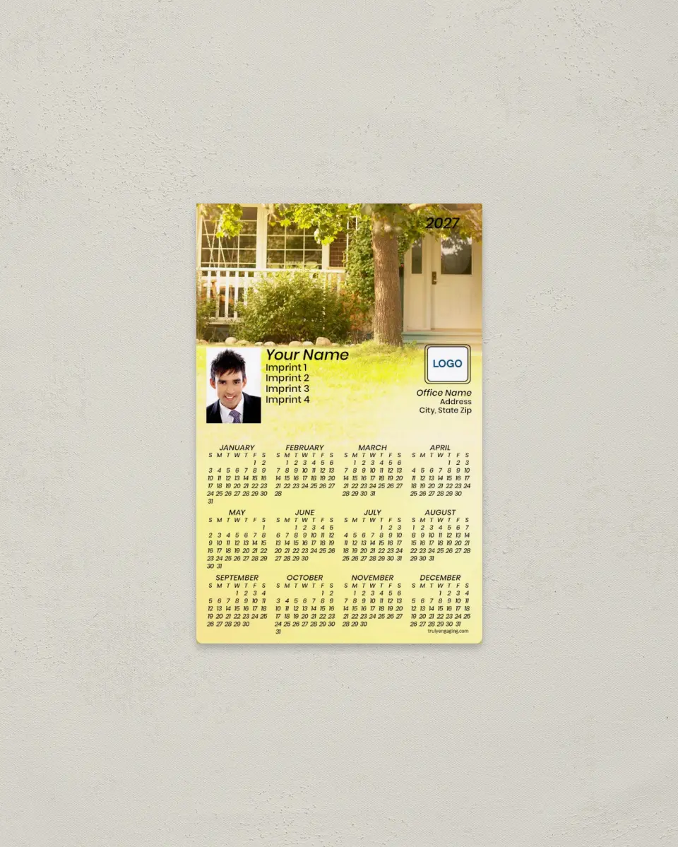 This is a 3.7" x 5.7" Full Magnet Calendar called Home in the Sun, Yellow Background printed in full color with a Standard Gloss finish
