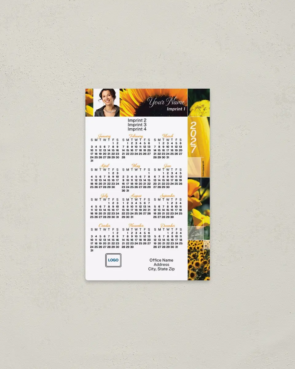 This is a 3.7" x 5.7" Full Magnet Calendar called White with Yellow Flower Mosaic printed in full color with a Standard Gloss finish