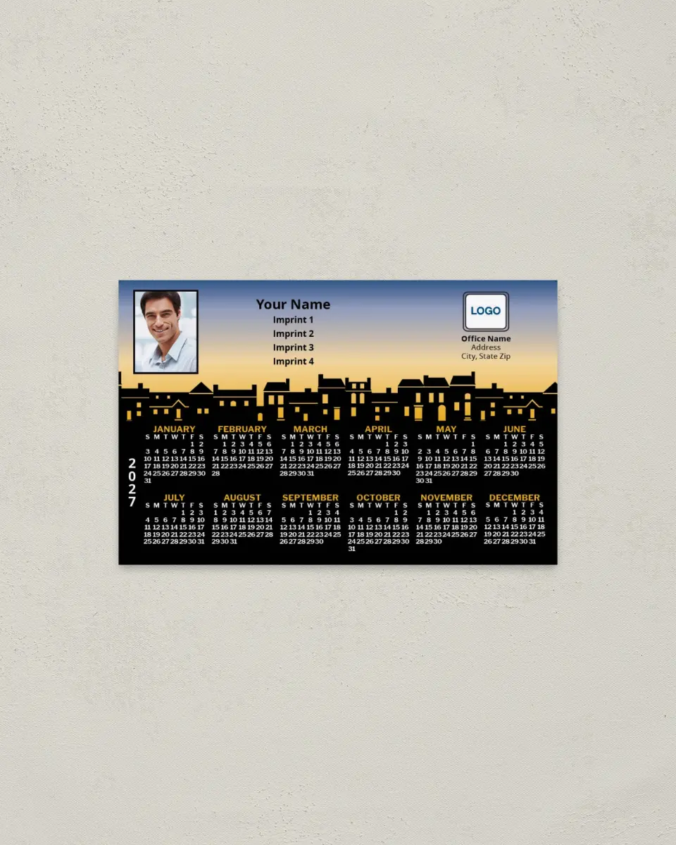 This is a 3.7" x 5.7" Full Magnet Calendar called Town Homes, Black Background printed in full color with a Standard Gloss finish