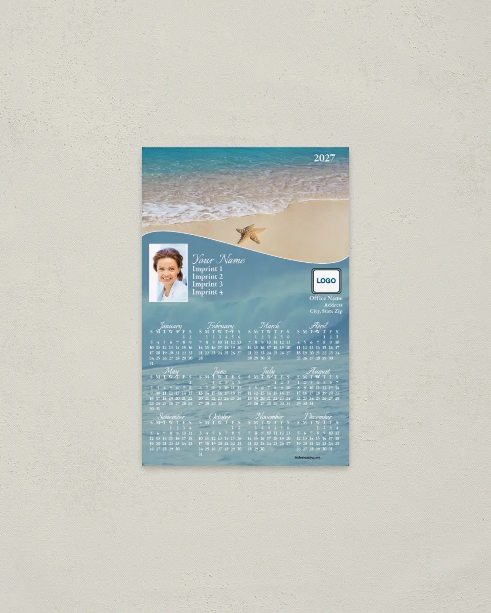 This is a 3.7" x 5.7" Full Magnet Calendar called Starfish on the Beach printed in full color with a Standard Gloss finish