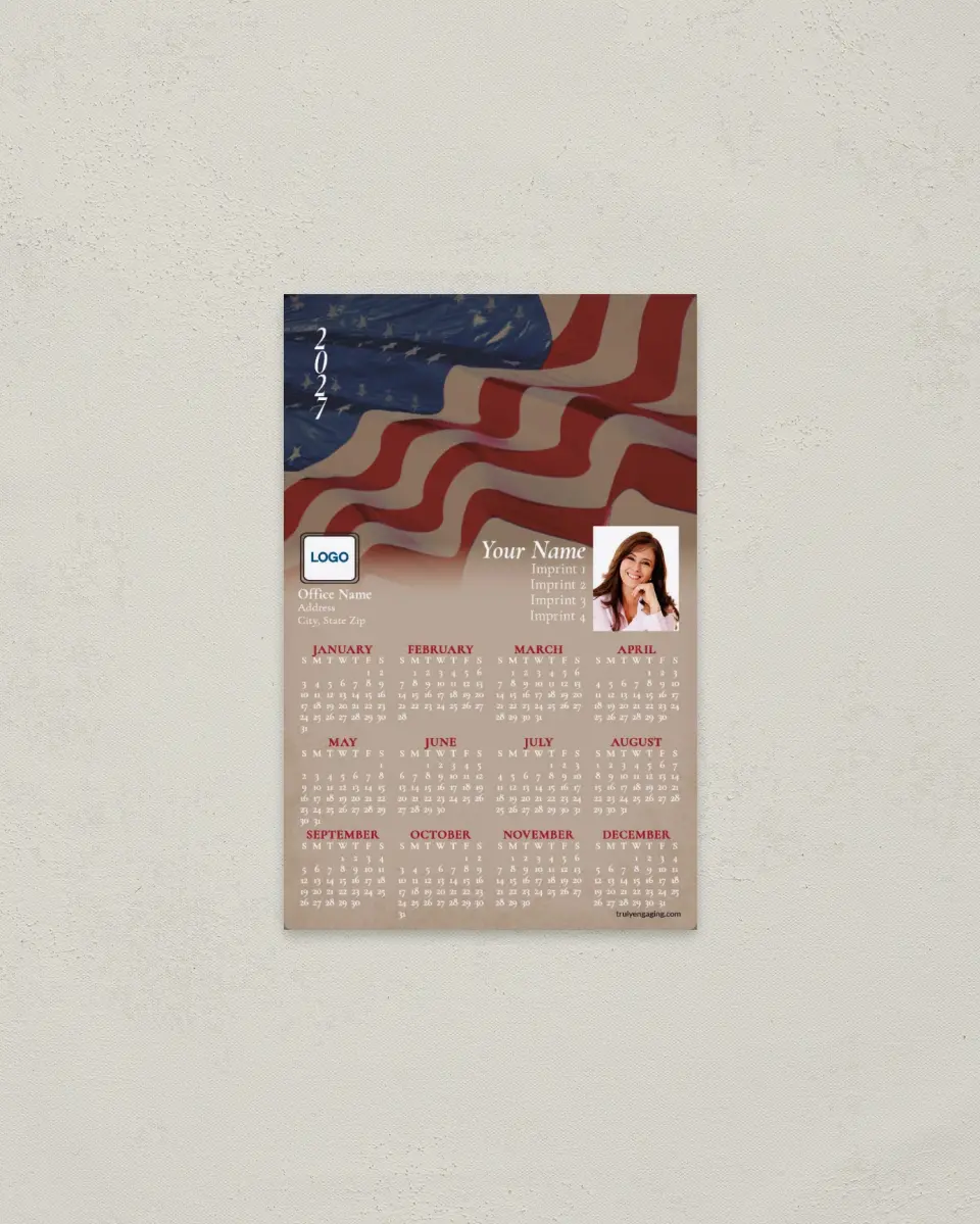 This is a 3.7" x 5.7" Full Magnet Calendar called American Flag Background, Tan Fade printed in full color with a Standard Gloss finish