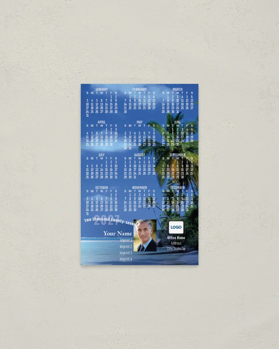This is a 3.7" x 5.7" Full Magnet Calendar called Palm Tree Scenic View printed in full color with a Standard Gloss finish