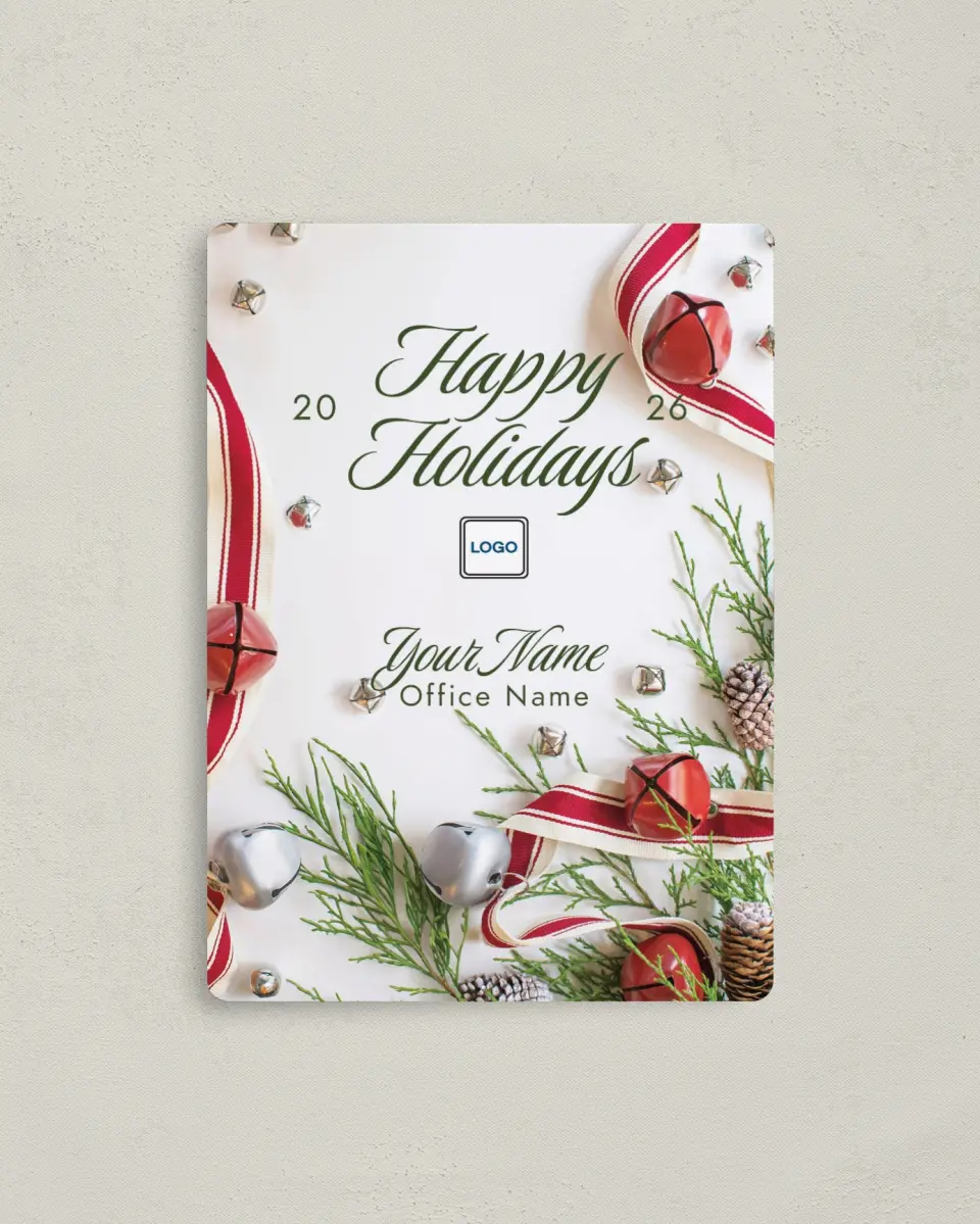 This is a 4" x 5½" Christmas Card called Happy Holidays printed in full color with a Luxe Satin finish
