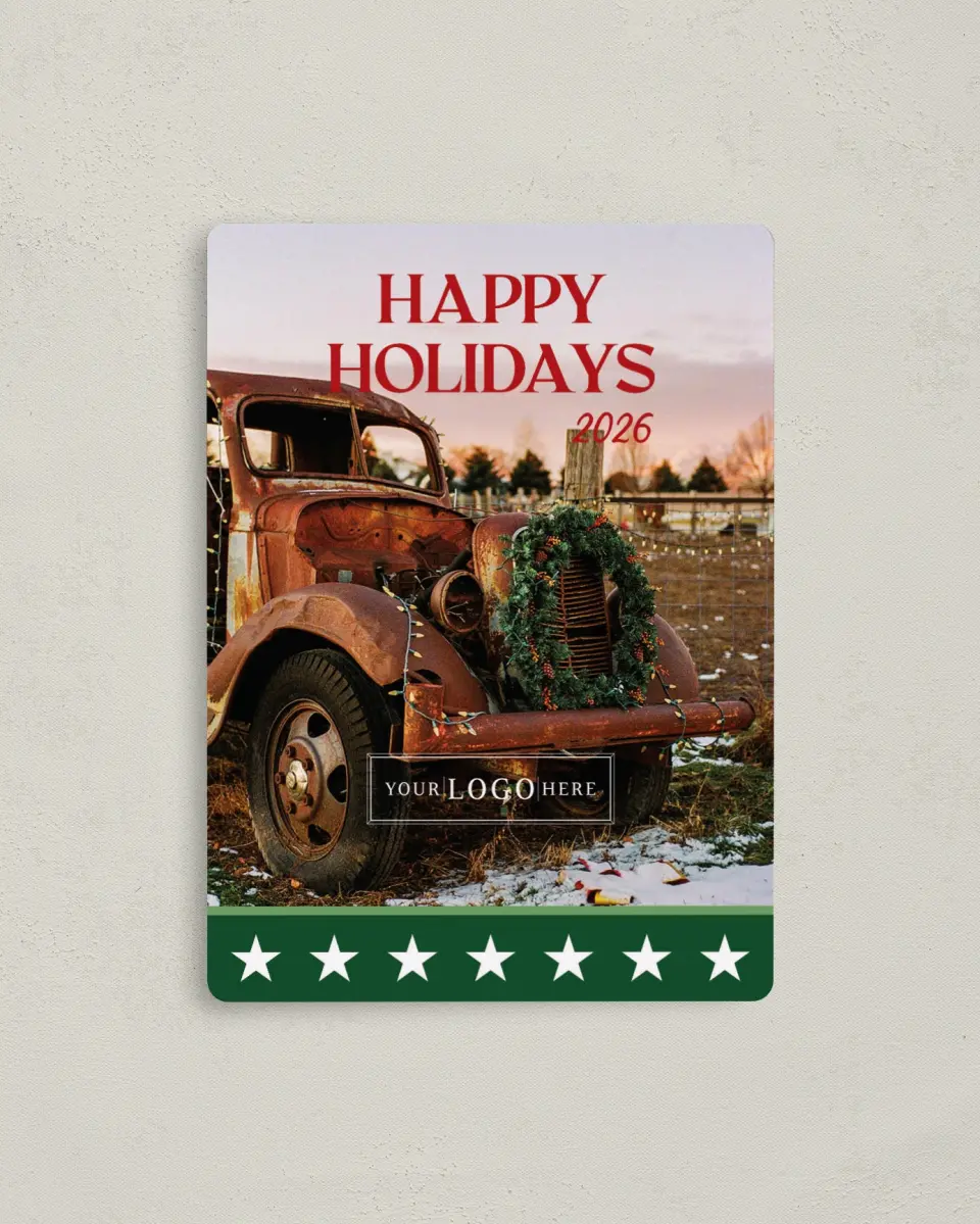 This is a 4" x 5½" Christmas Card called Stars & Stripes printed in full color with Gold foil and a Luxe Satin finish